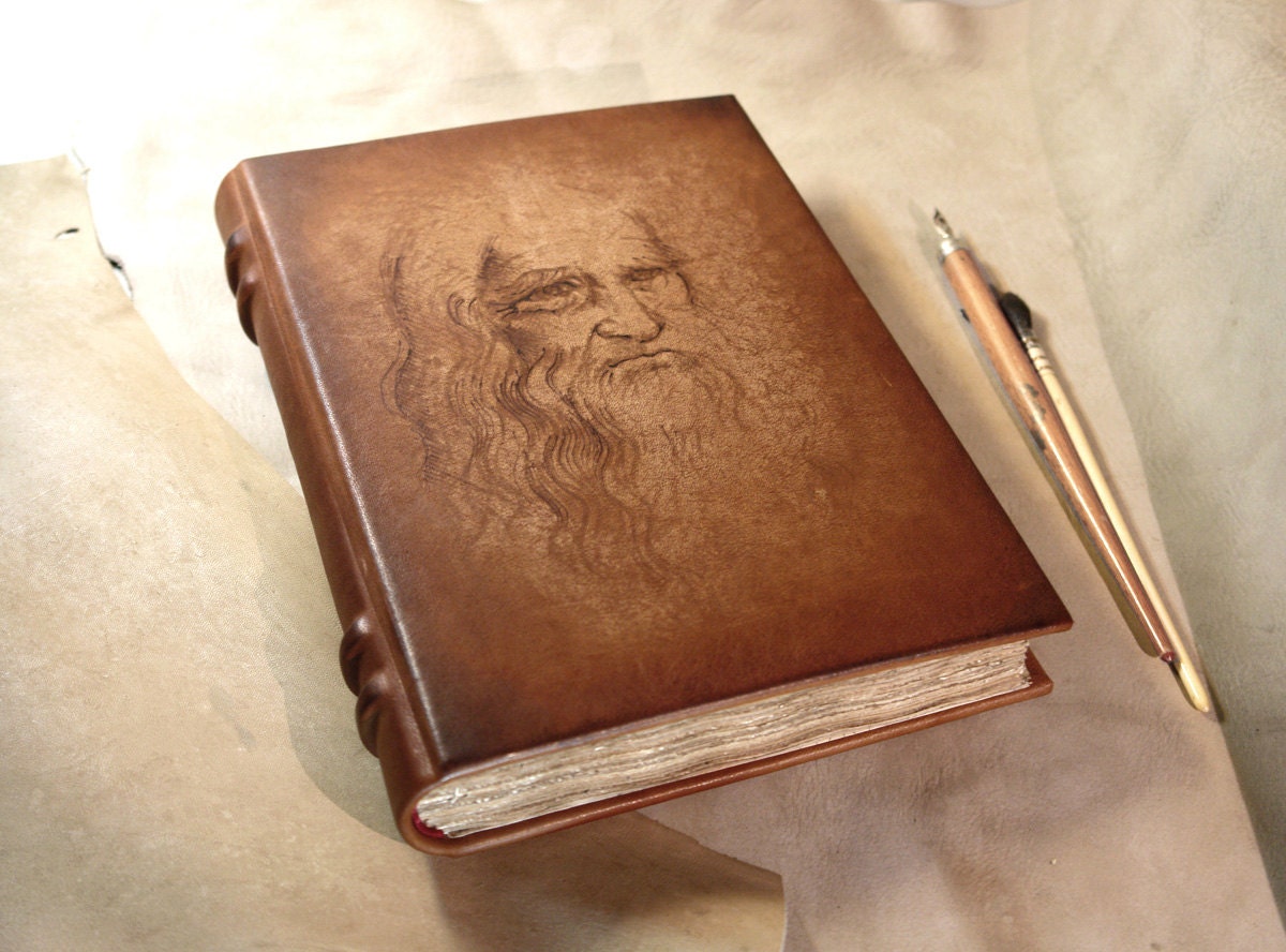 Hand Painted Leather Journal - Renaissance Large Book, Art Journal, Vintage Style Ribbed Spine, Old Paper - Study after Leonardo Da Vinci