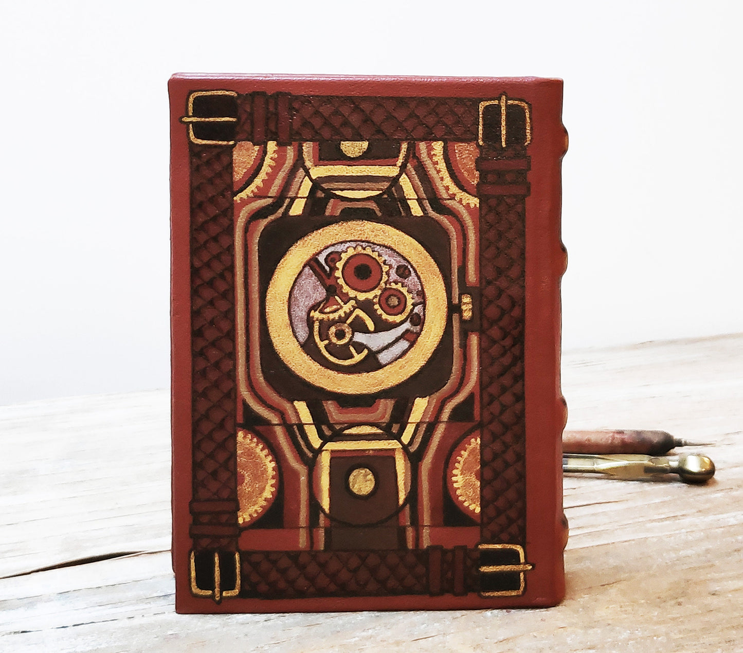 Watch pattern steampunk leather journal, handmade book, notebook in vintage style, blank paper, hand painted - The secret life of watches