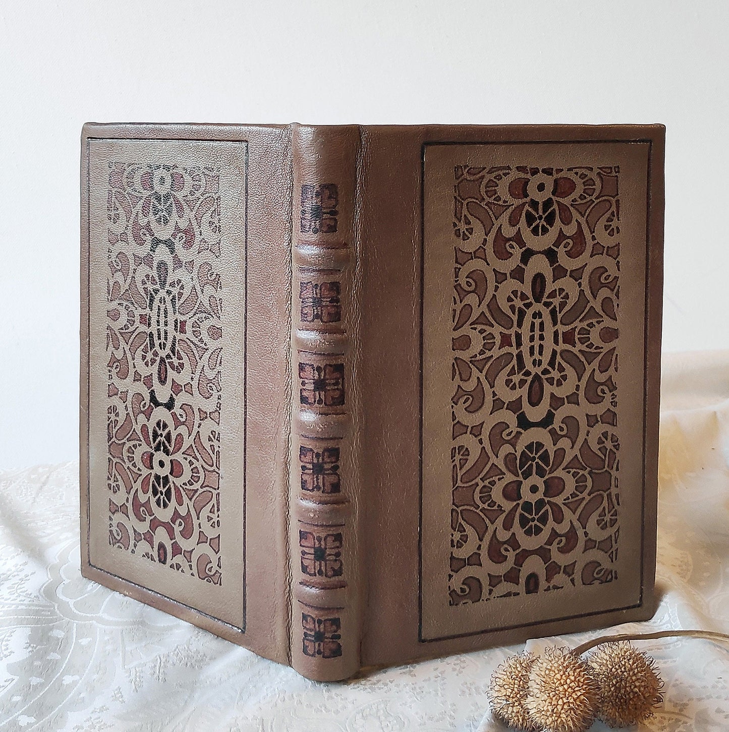 Handmade leather journal, brown notebook in vintage style, diary with blank paper, real leather, hand painted - Flourish Geometry