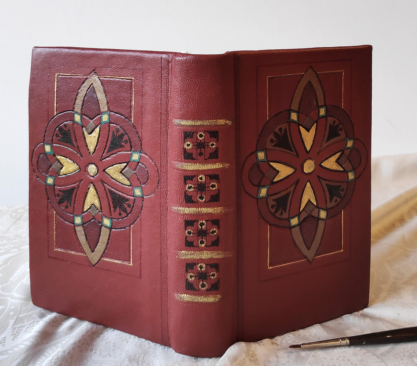 Leather blank book, leather journal in vintage style, chestnut brown notebook , real leather, hand painted, Mystic Flower