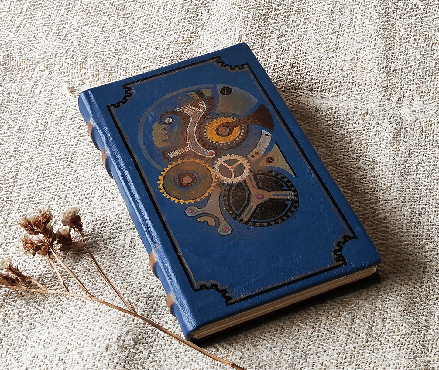 Blue leather journal, handmade blank book, blue Steampunk leather journal, blank paper notebook, hand painted - The secret life of watches