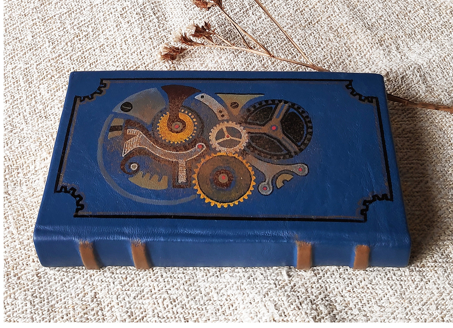 Blue leather journal, handmade blank book, blue Steampunk leather journal, blank paper notebook, hand painted - The secret life of watches