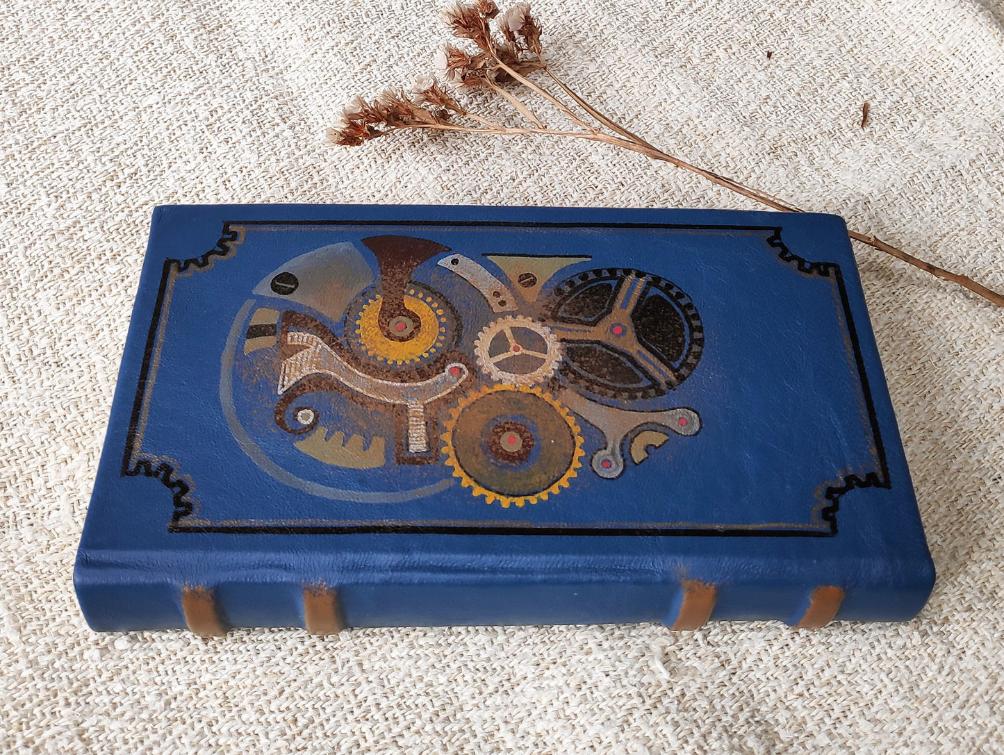 Blue leather journal, handmade blank book, blue Steampunk leather journal, blank paper notebook, hand painted - The secret life of watches