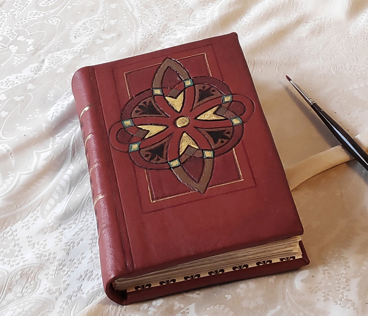 Leather blank book, leather journal in vintage style, chestnut brown notebook , real leather, hand painted, Mystic Flower