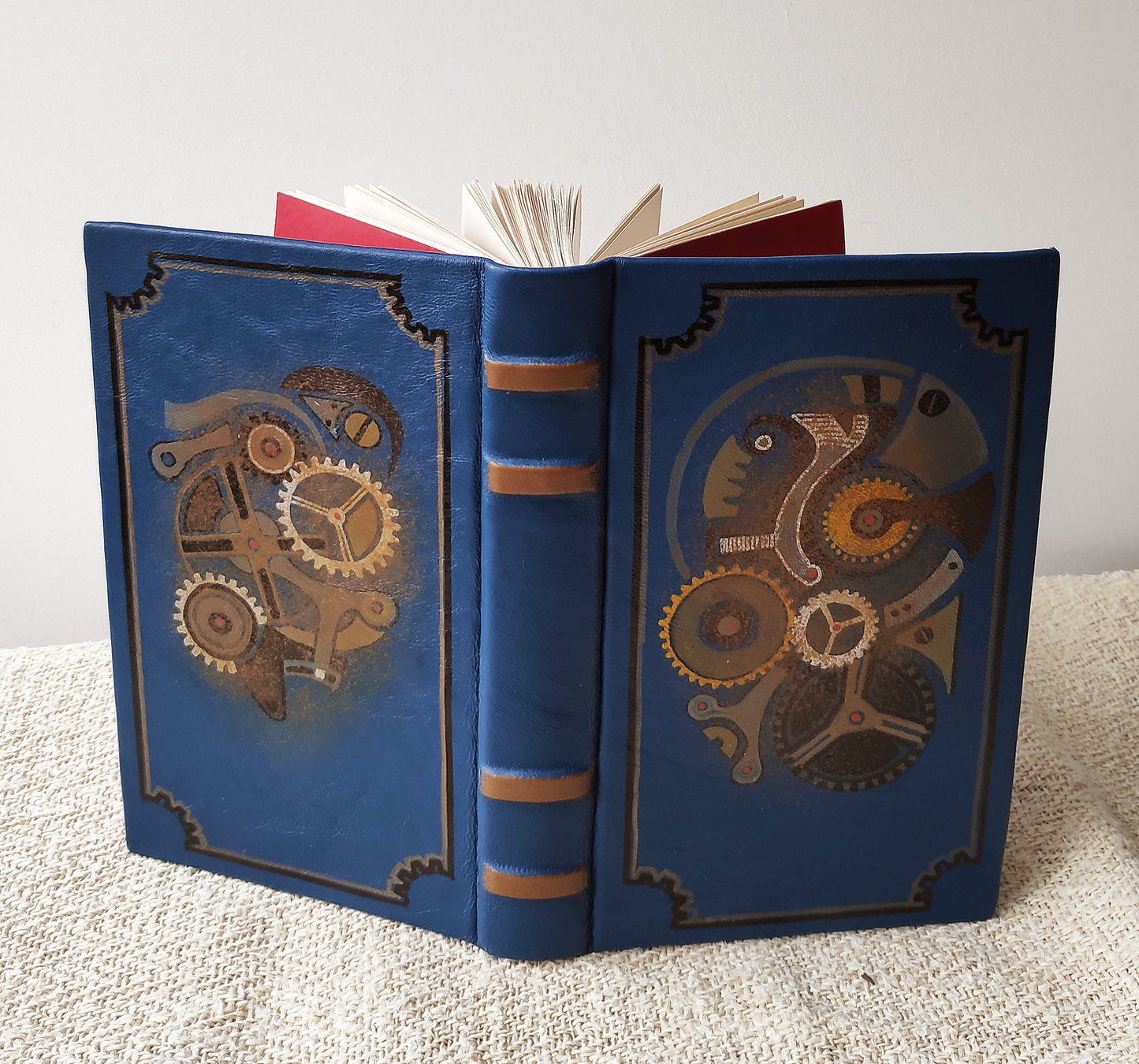 Blue leather journal, handmade blank book, blue Steampunk leather journal, blank paper notebook, hand painted - The secret life of watches