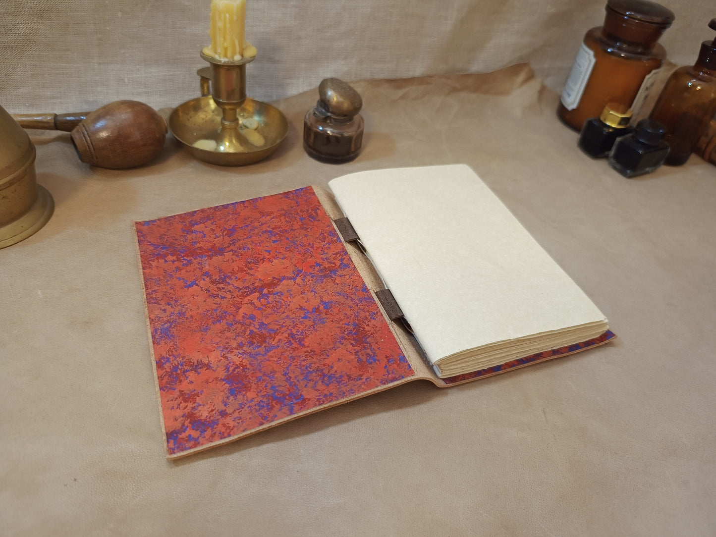 Medieval leather journal, small brown notebook with genuine leather and old style vintage pages, gift for man