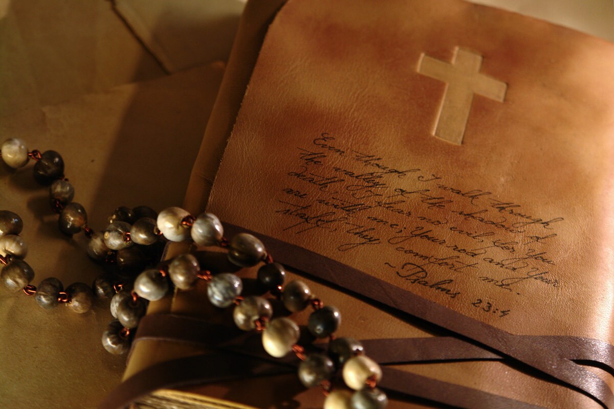 Custom Quote Leather Journal, Bible Text, Religious Script Personalized Brown Notebook, Vintage Style Faith Diary, Old Aged Paper - Believer