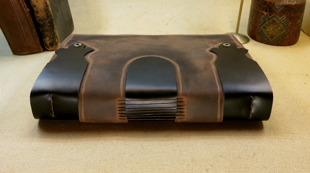 large leather journal - blank book in black and brown - diary with vintage style pages - Secret Gate