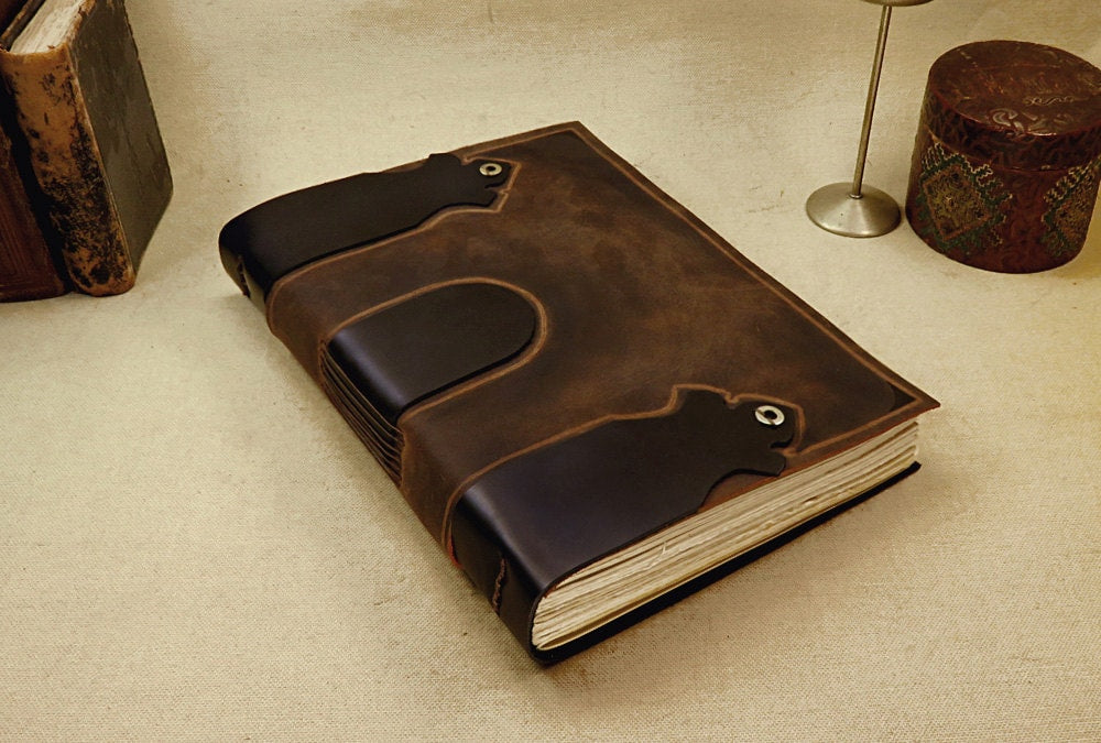 large leather journal - blank book in black and brown - diary with vintage style pages - Secret Gate