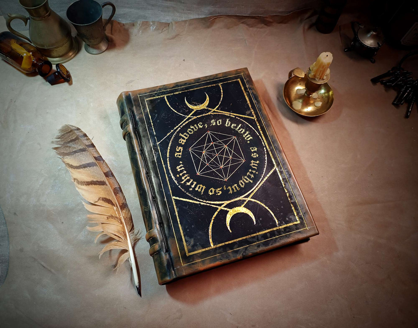 Sacred Geometry - Black Leather Grimoire, Spellbook, Mystical Book of Shadows, Handmade Journal