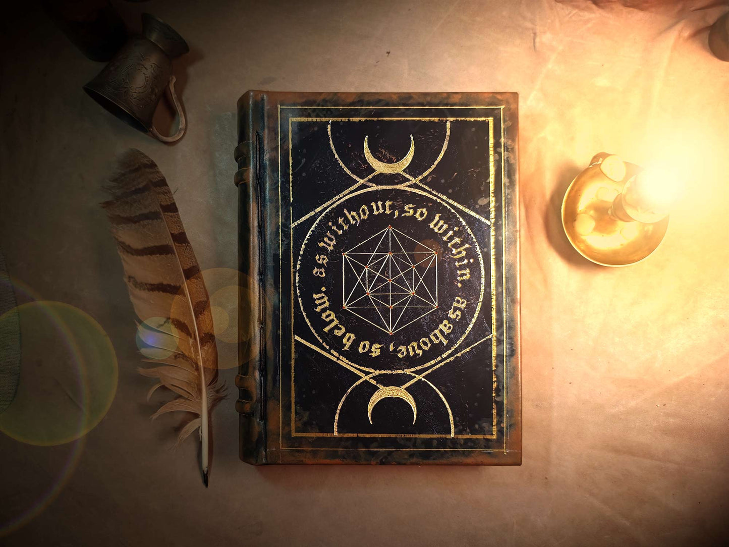 Sacred Geometry - Black Leather Grimoire, Spellbook, Mystical Book of Shadows, Handmade Journal