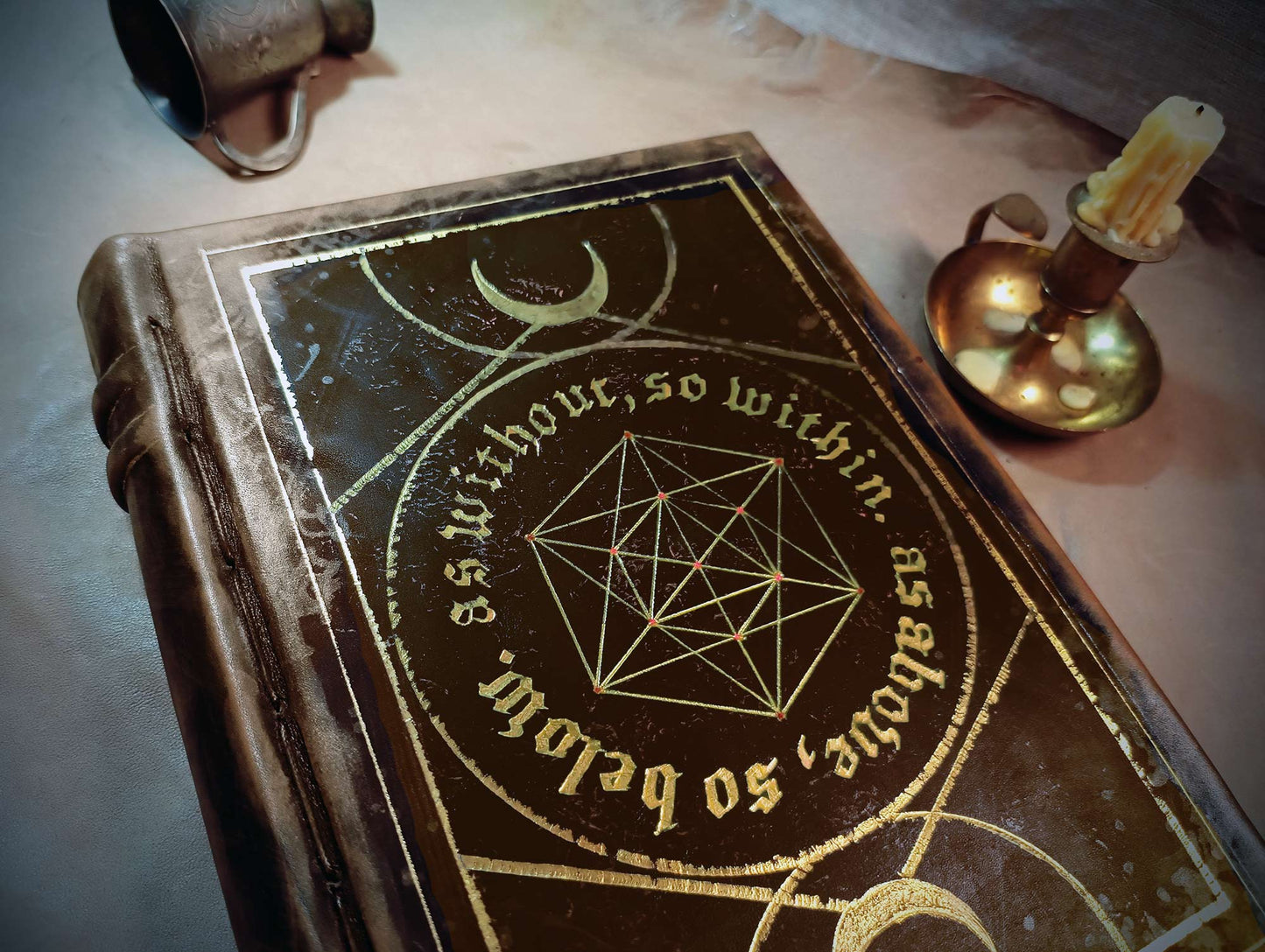 Sacred Geometry - Black Leather Grimoire, Spellbook, Mystical Book of Shadows, Handmade Journal