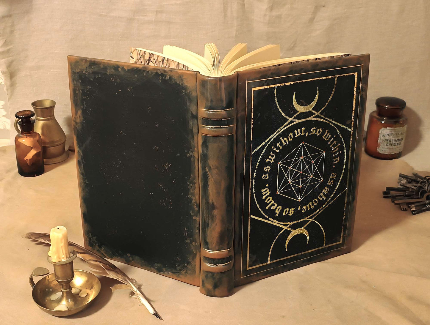 Sacred Geometry - Black Leather Grimoire, Spellbook, Mystical Book of Shadows, Handmade Journal