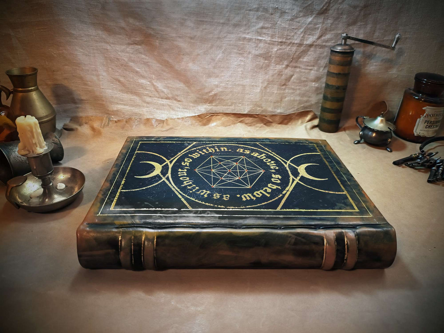 Sacred Geometry - Black Leather Grimoire, Spellbook, Mystical Book of Shadows, Handmade Journal
