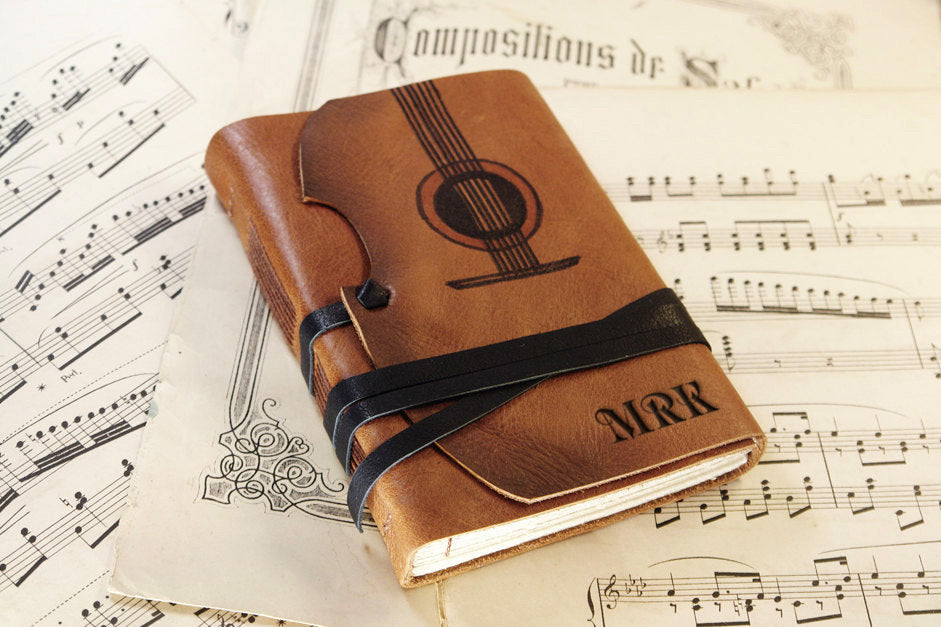 Music - leather journal with vintage style paper in orange brown