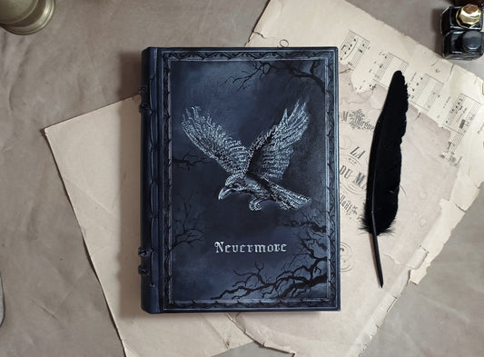 The Raven's Quill - Nevermore Handmade Leather Journal, Dark Blue with Calligraphy