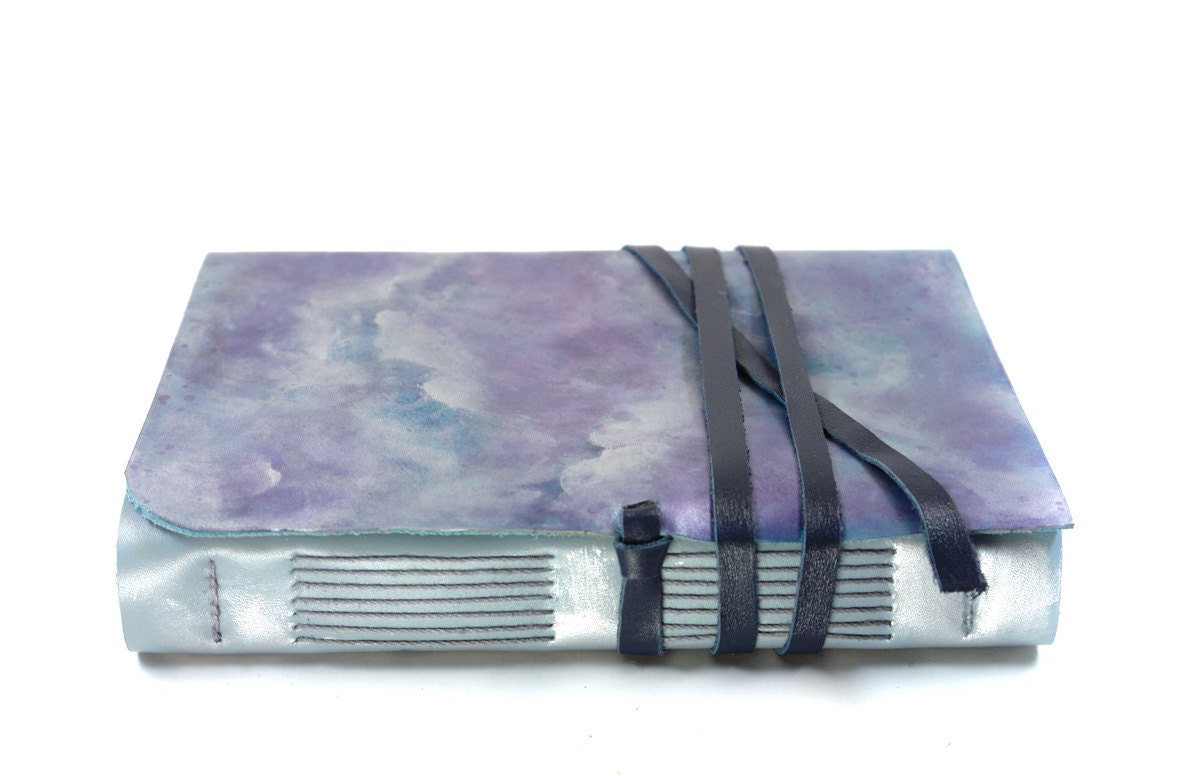 blue sky leather journal, writing diary, leather notebook, personalized leather cover journal, unlined white paper, Silver Lining