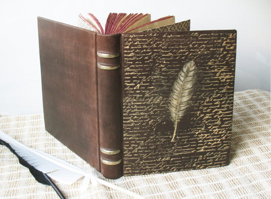 large leather journal -  handmade large brown blank book - painted in gold leather journal - medieval style - vintage style stained paper