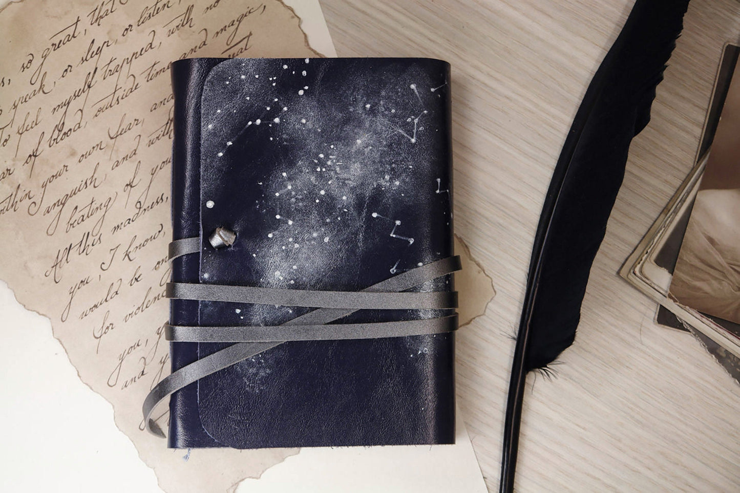 blue leather journal - romantic notebook - leather journal, poetry diary, gift for writers, poems writing journal - Constellations