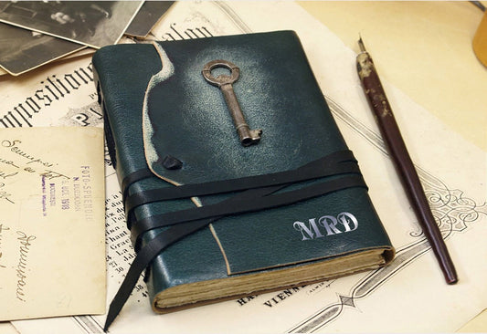 green leather journal - romantic notebook - diary with vintage style pages - The Key of Memories