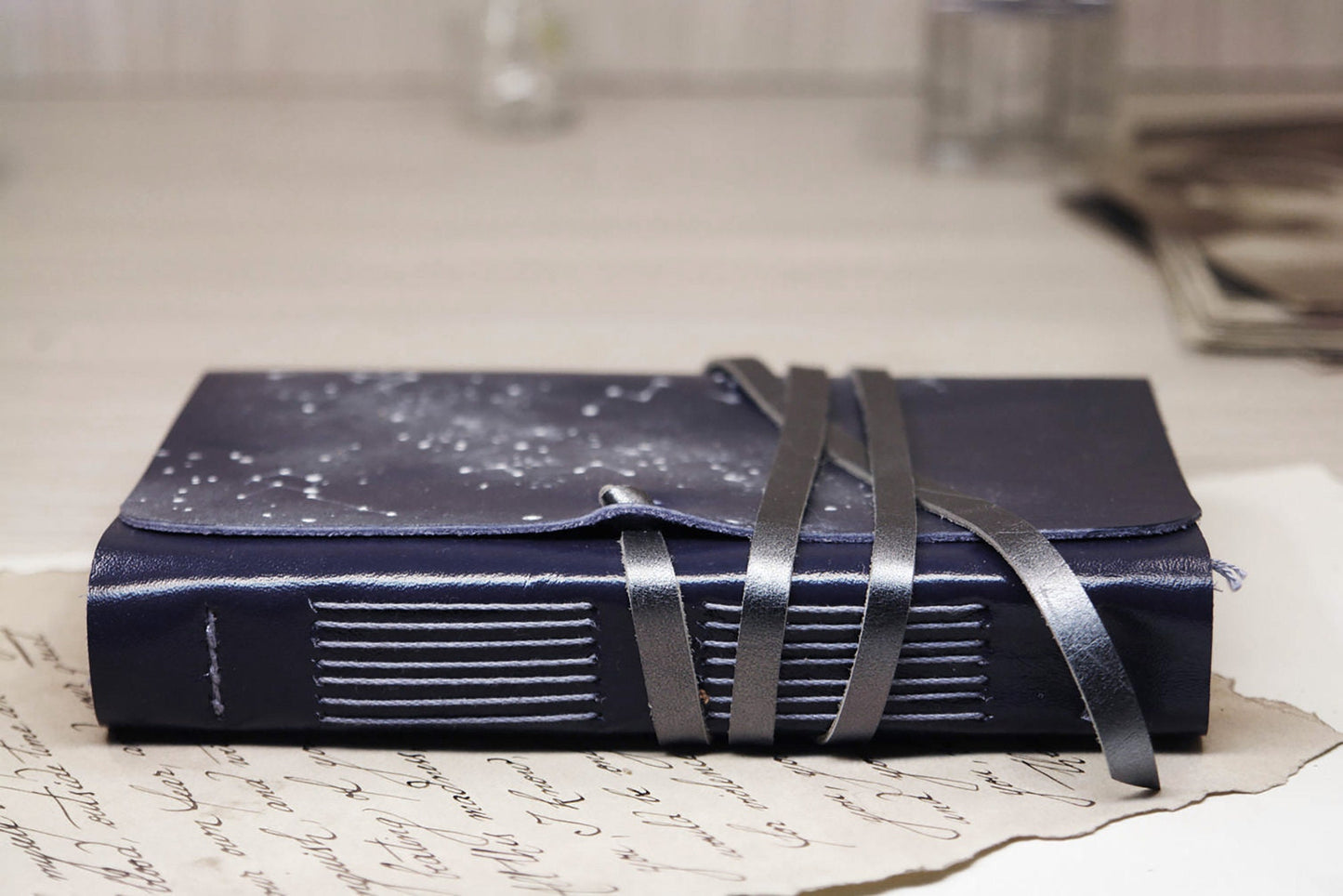 blue leather journal - romantic notebook - leather journal, poetry diary, gift for writers, poems writing journal - Constellations