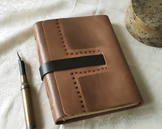 handmade beige brown leather journal, tooled vintage style cover,  leather notebook, vintage style paper, travel diary, pocket journal