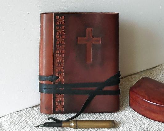 Prayer journal, cross leather journal, gratitude notebook with cross, vintage style cover, leather journal with cross, gratitude journal