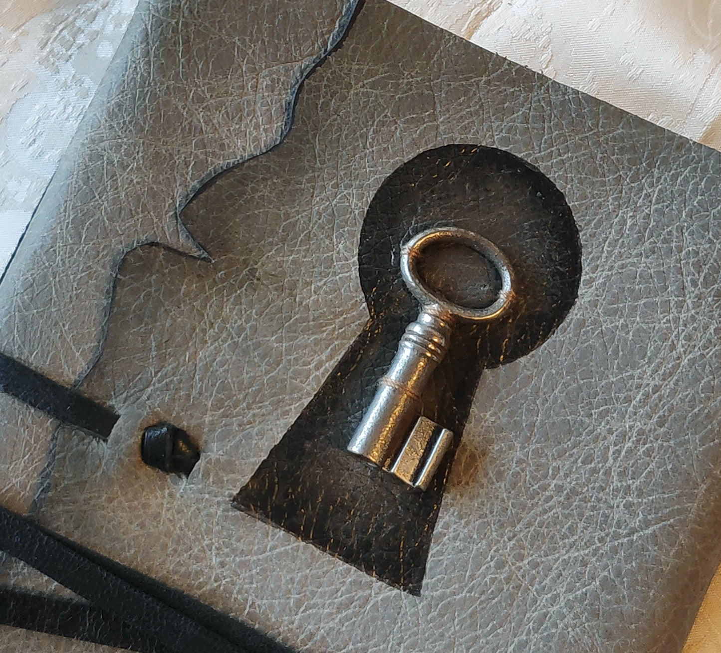 Vintage Key Gray Leather Journal: Personalized Monogram Diary with Key, Unlined Pages