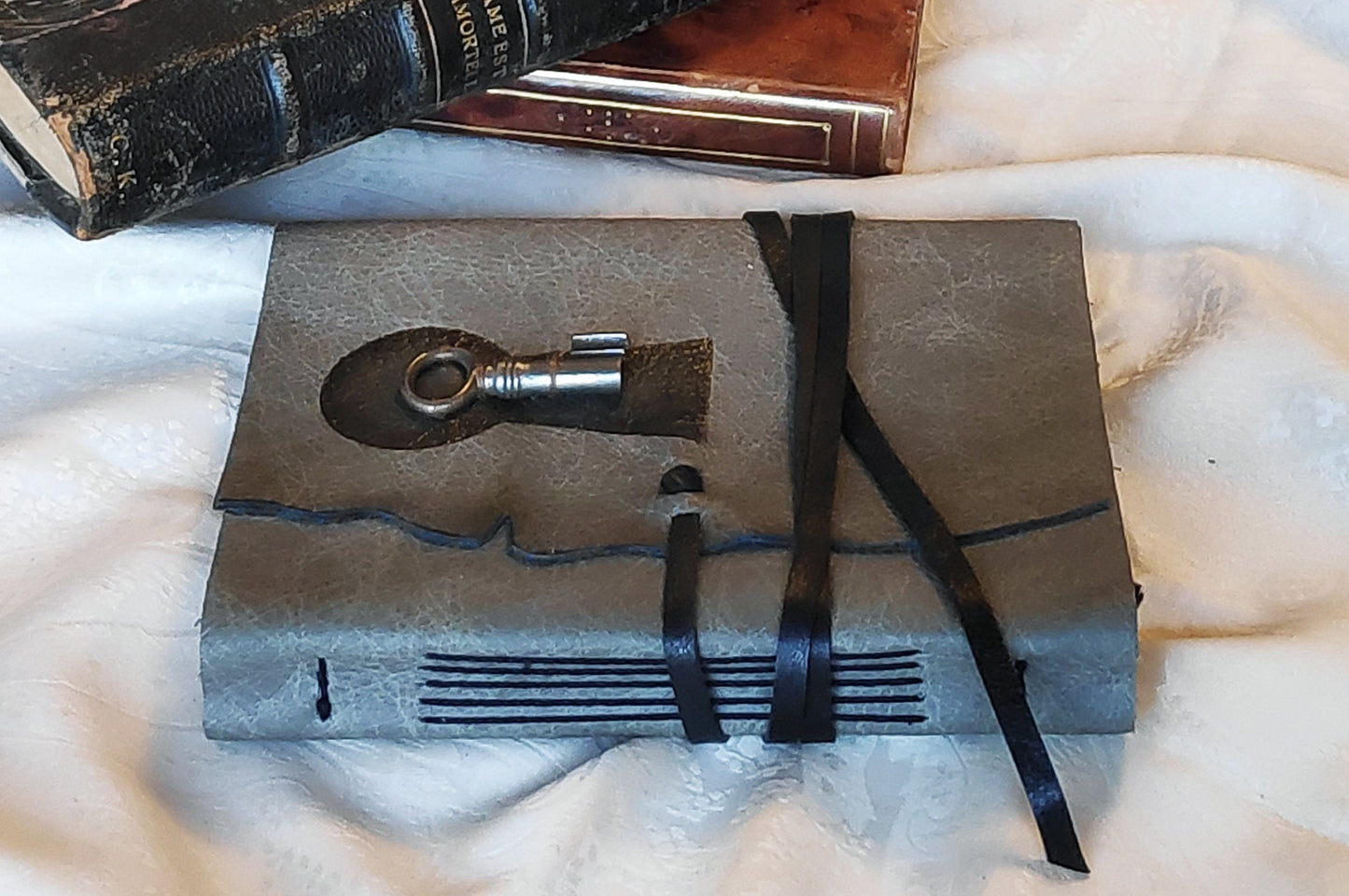 Vintage Key Gray Leather Journal: Personalized Monogram Diary with Key, Unlined Pages