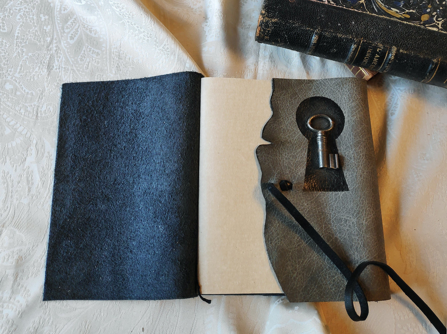 Vintage Key Gray Leather Journal: Personalized Monogram Diary with Key, Unlined Pages