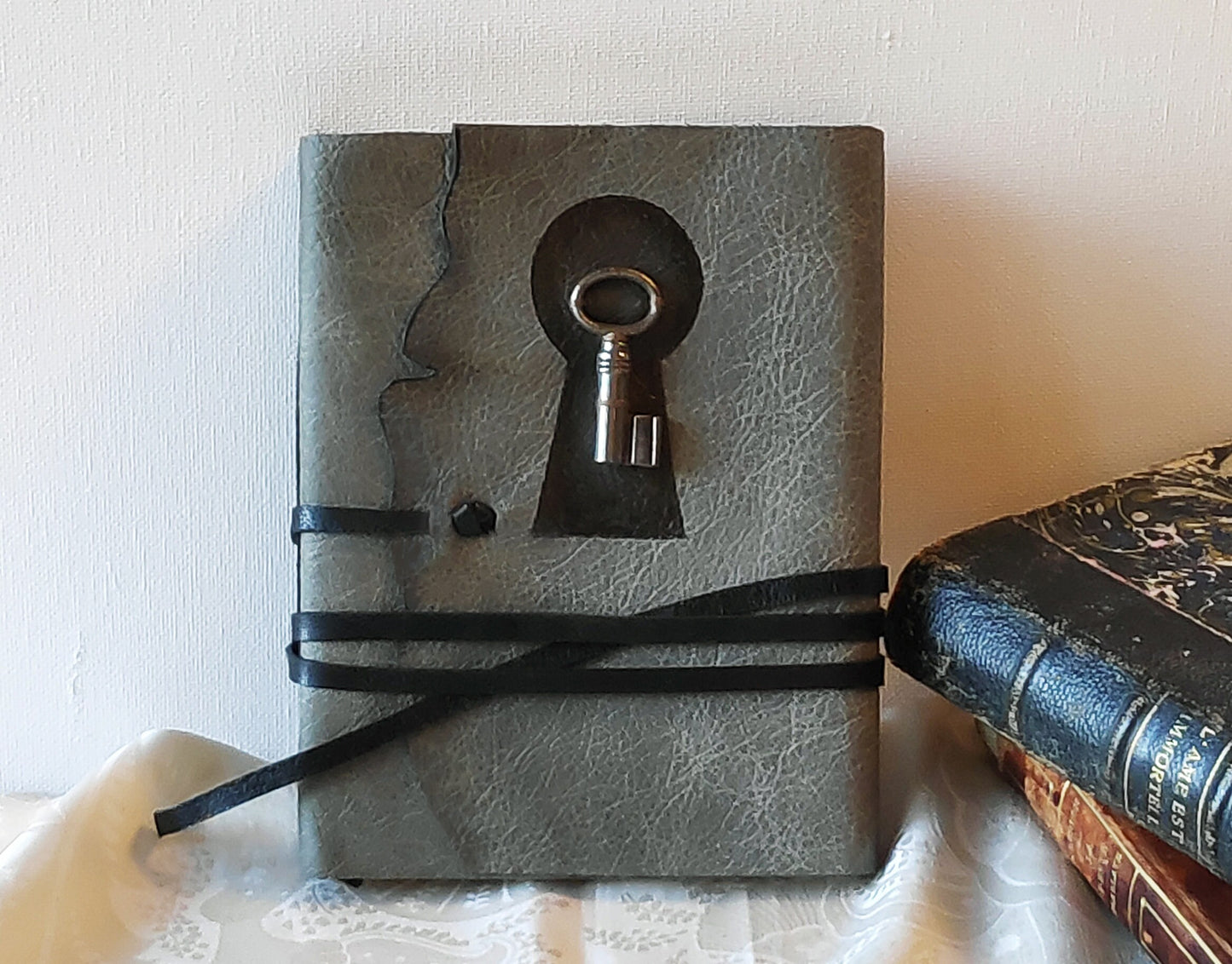 Vintage Key Gray Leather Journal: Personalized Monogram Diary with Key, Unlined Pages