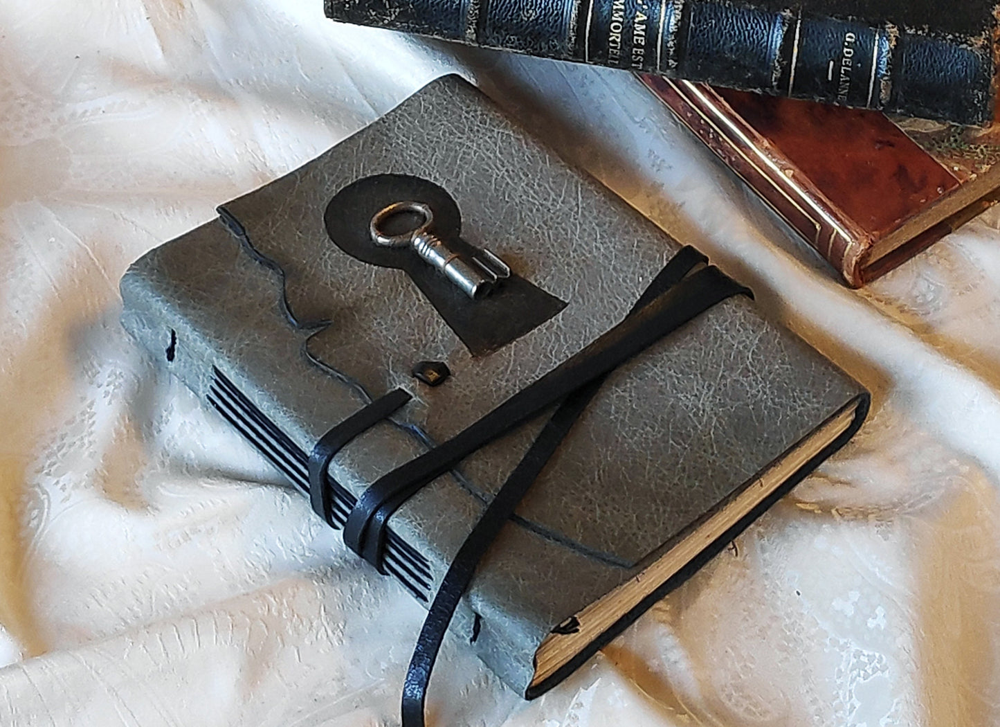 Vintage Key Gray Leather Journal: Personalized Monogram Diary with Key, Unlined Pages