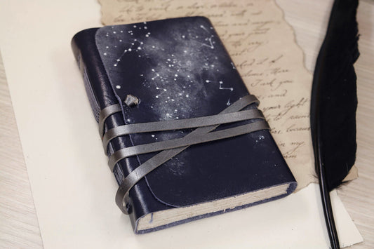blue leather journal - romantic notebook - leather journal, poetry diary, gift for writers, poems writing journal - Constellations