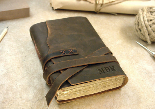 leather journal with vintage style paper, customizable with monogram and text, rustic leather journal - brown travel diary