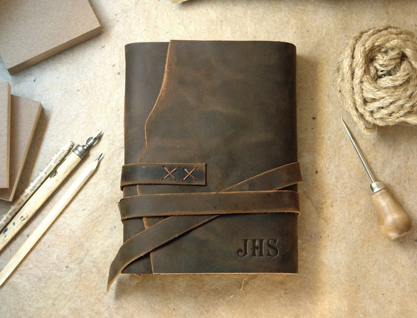 leather journal with vintage style paper, customizable with monogram and text, rustic leather journal - brown travel diary