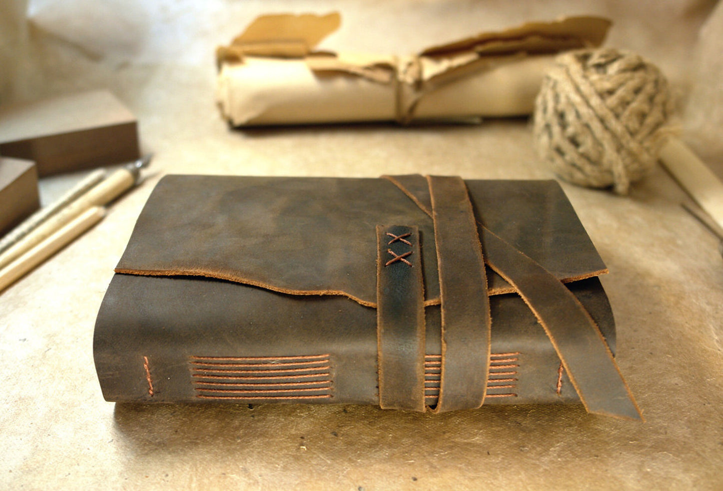leather journal with vintage style paper, customizable with monogram and text, rustic leather journal - brown travel diary