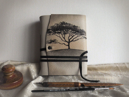beige leather journal, custom monogram, personalized leather journal with vintage style paper - Mysterious Tree