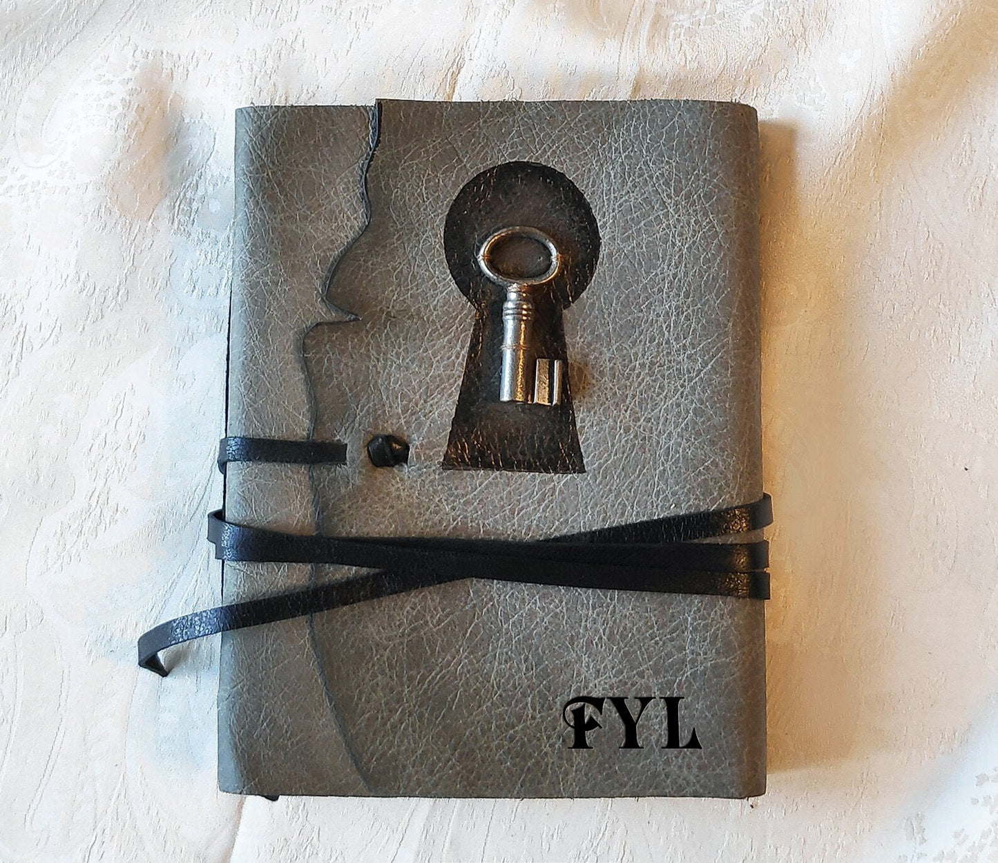 Vintage Key Gray Leather Journal: Personalized Monogram Diary with Key, Unlined Pages