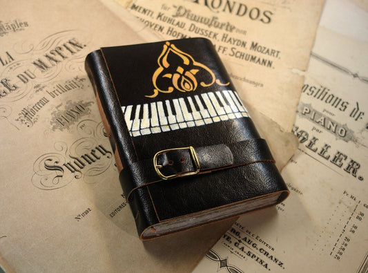 Piano - Black Leather Journal - Hand Painted Leather Cover Notebook, Vintage Style Old Paper - Andante Tranquillo