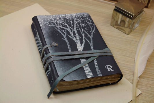 Romantic Blue Leather Journal, Nature Dream Journal with Night Tree, Dark Blue Poetry Notebook, Personalised Diary for Thoughts and Dreams
