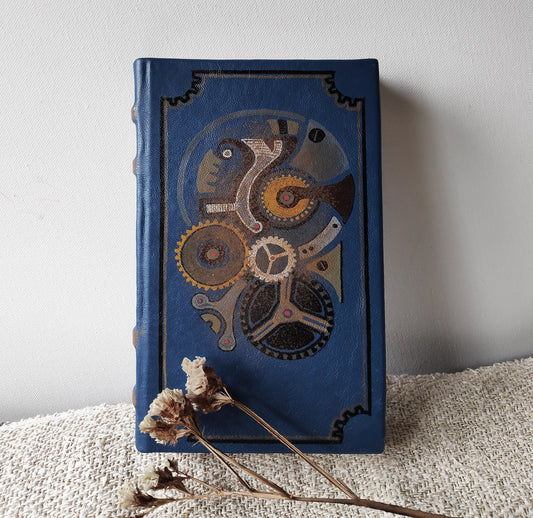 Blue leather journal, handmade blank book, blue Steampunk leather journal, blank paper notebook, hand painted - The secret life of watches