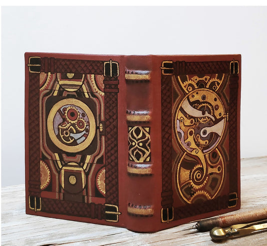 Watch pattern steampunk leather journal, handmade book, notebook in vintage style, blank paper, hand painted - The secret life of watches