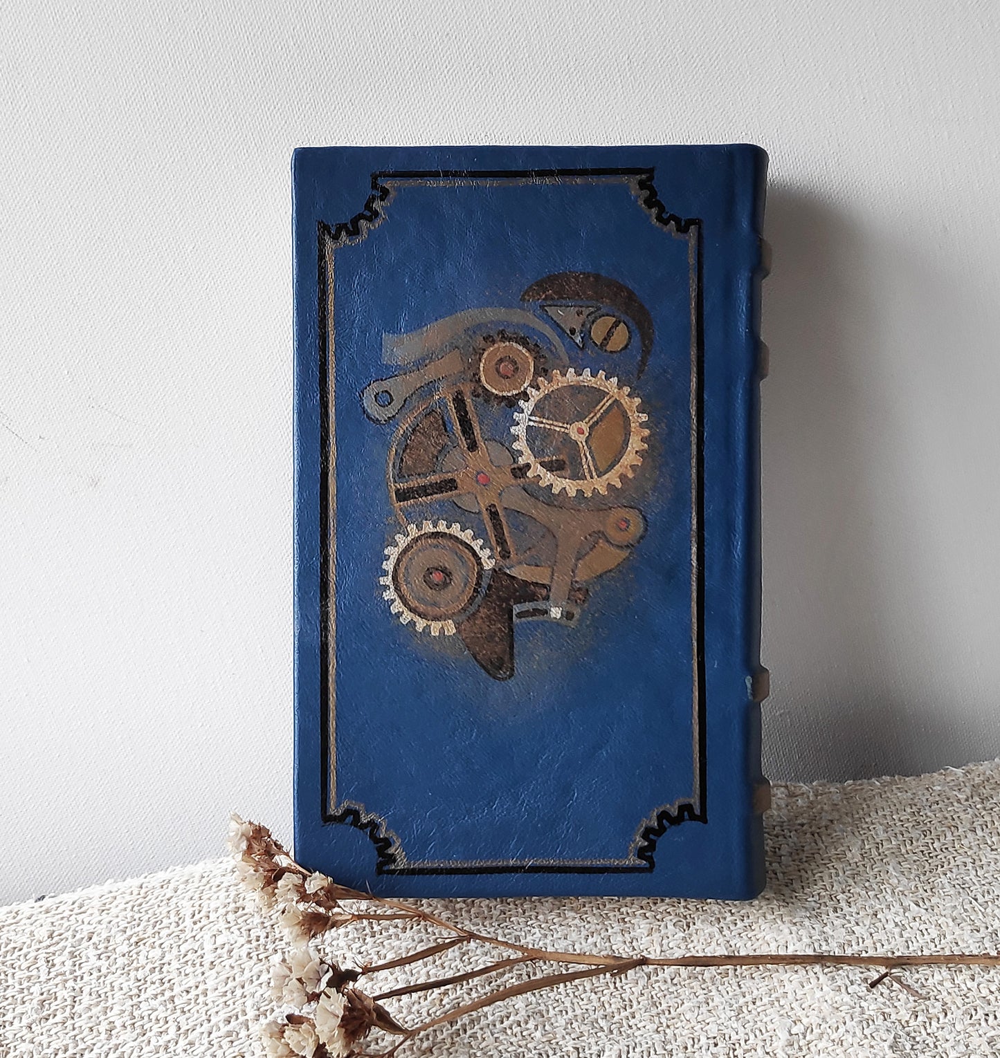 Blue leather journal, handmade blank book, blue Steampunk leather journal, blank paper notebook, hand painted - The secret life of watches