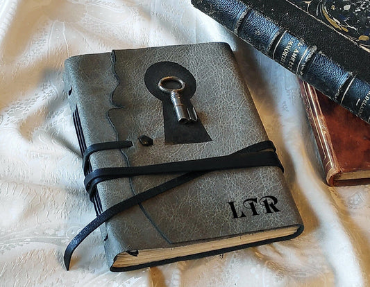Vintage Key Gray Leather Journal: Personalized Monogram Diary with Key, Unlined Pages