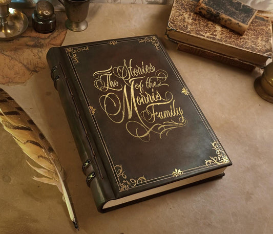 Large Leather Journal Tome with Custom Text, Elegant Hardcover Genuine Brown Leather Book, Art Nouveau Event Guestbook, Family Heritage Book