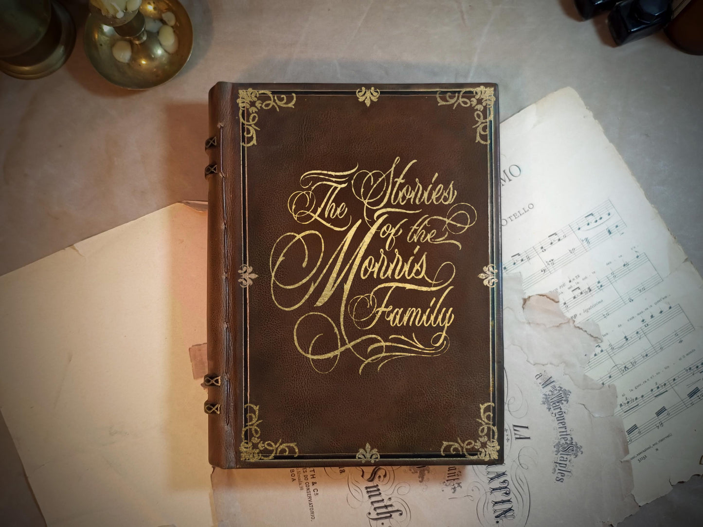 Large Leather Journal Tome with Custom Text, Elegant Hardcover Genuine Brown Leather Book, Art Nouveau Event Guestbook, Family Heritage Book