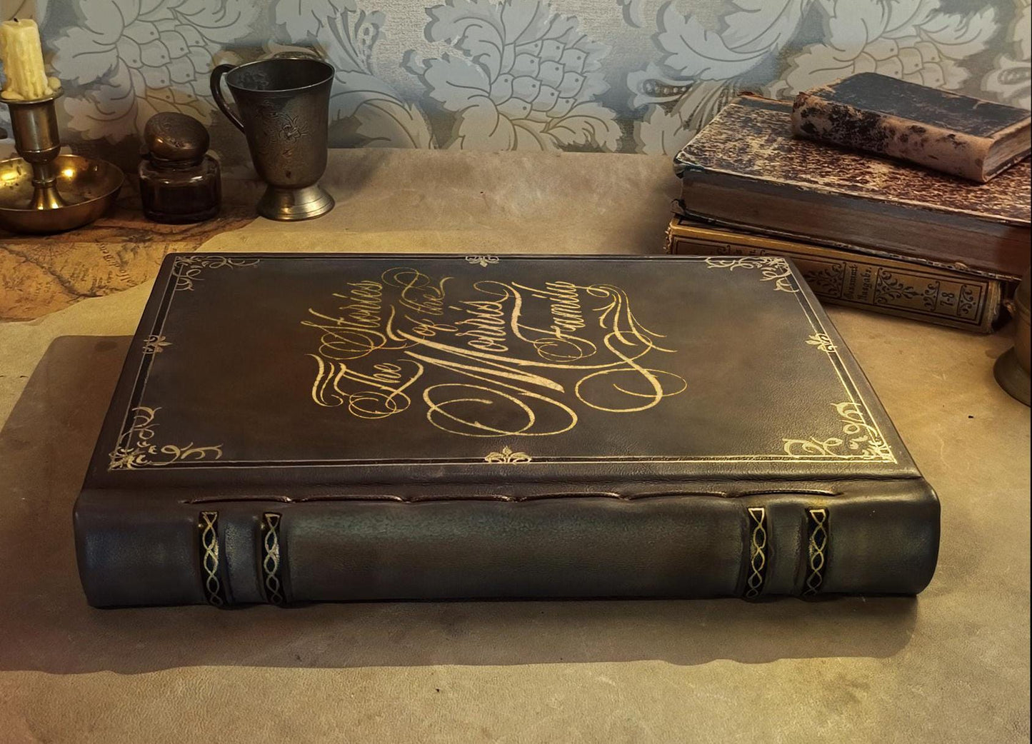 Large Leather Journal Tome with Custom Text, Elegant Hardcover Genuine Brown Leather Book, Art Nouveau Event Guestbook, Family Heritage Book