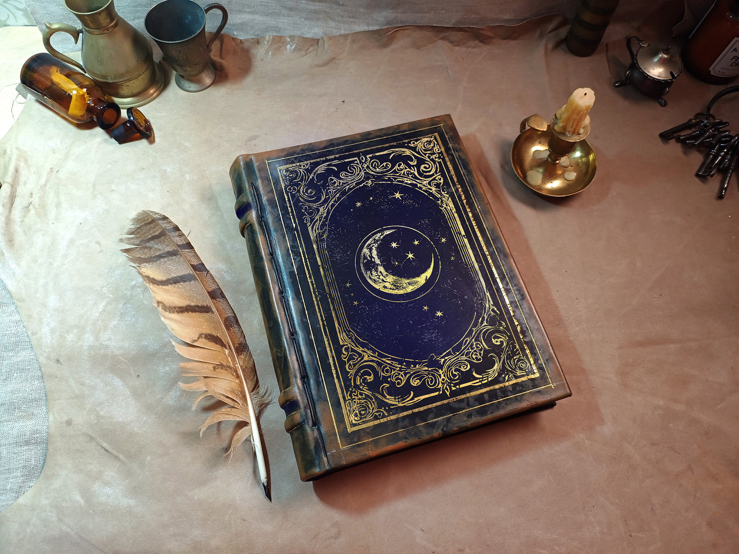 Handmade Leather Journal for Dreamers and Poets – Celestial Moon and Stars Design, Perfect for Spiritual Writing and Gifting