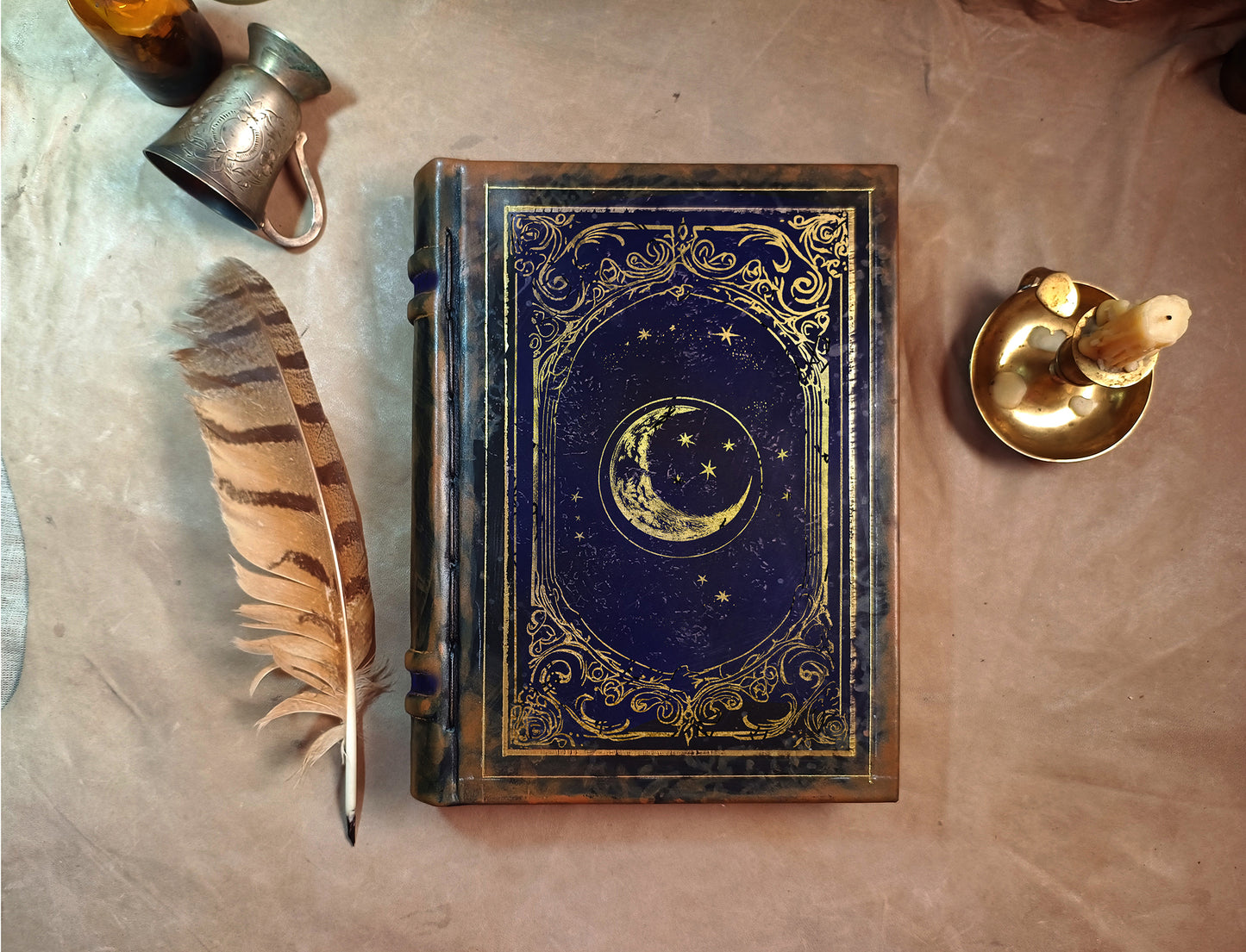 Handmade Leather Journal for Dreamers and Poets – Celestial Moon and Stars Design, Perfect for Spiritual Writing and Gifting