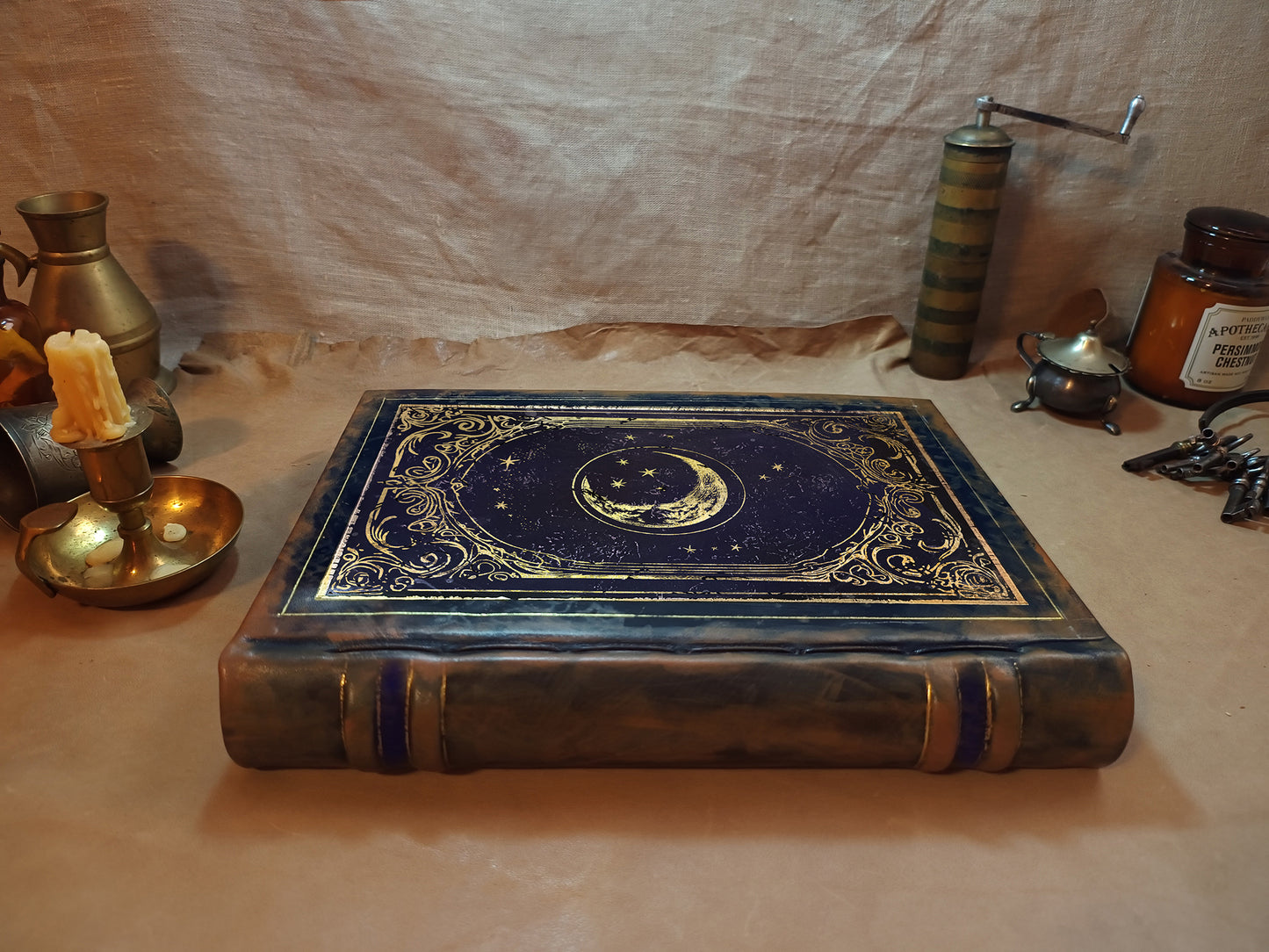 Handmade Leather Journal for Dreamers and Poets – Celestial Moon and Stars Design, Perfect for Spiritual Writing and Gifting